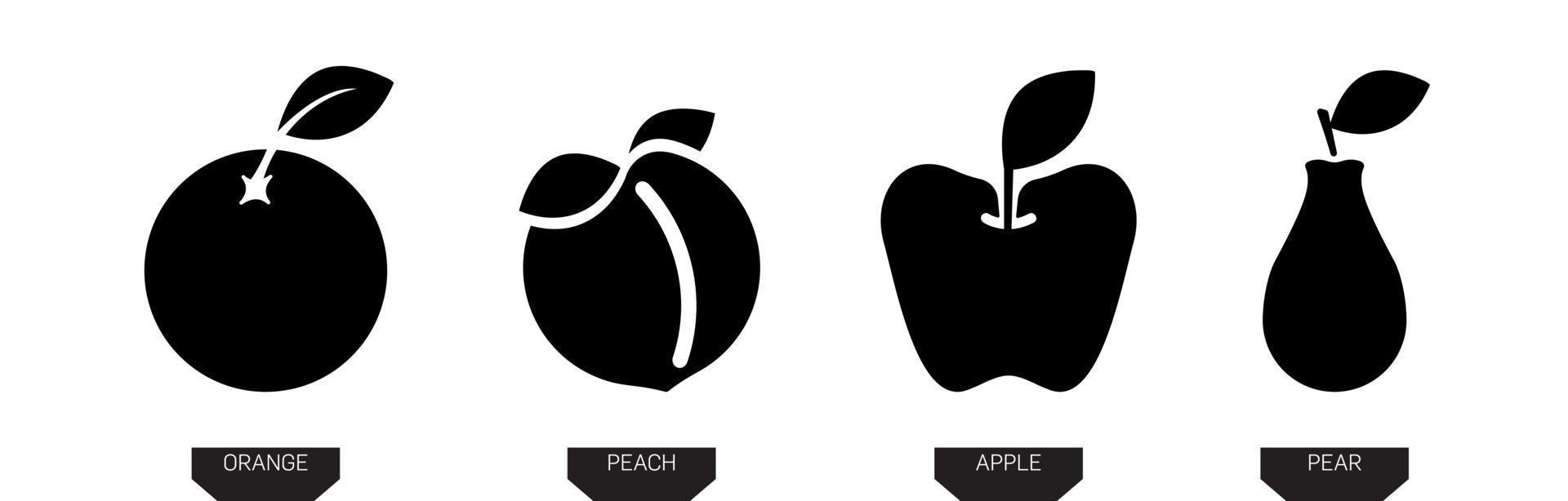 Obst-Symbole. Birnen-, Apfel-, Orangen- und Pfirsichschattenbild-Vektorikonenillustration in der schwarzen Farbe lokalisiert auf weißem Hintergrund. Silet-Frucht-Symbol. modernes Linienkunstdesign. vektor