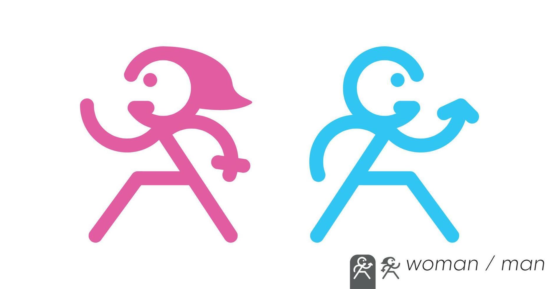 weibliche, männliche Stickman-Modellikone. moderne, verständliche und schlichte Linien sowie Damen- und Herrenlinien. frau und mann zeichen halten hände icon set. sich bewegende menschliche Gestalten. vektor