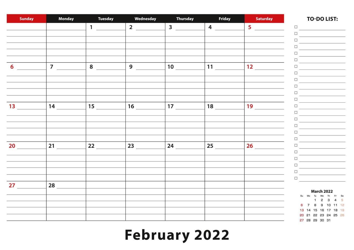 februari 2022 Månatlig skrivbordsunderlägg kalendervecka börjar från söndag, storlek a3. vektor