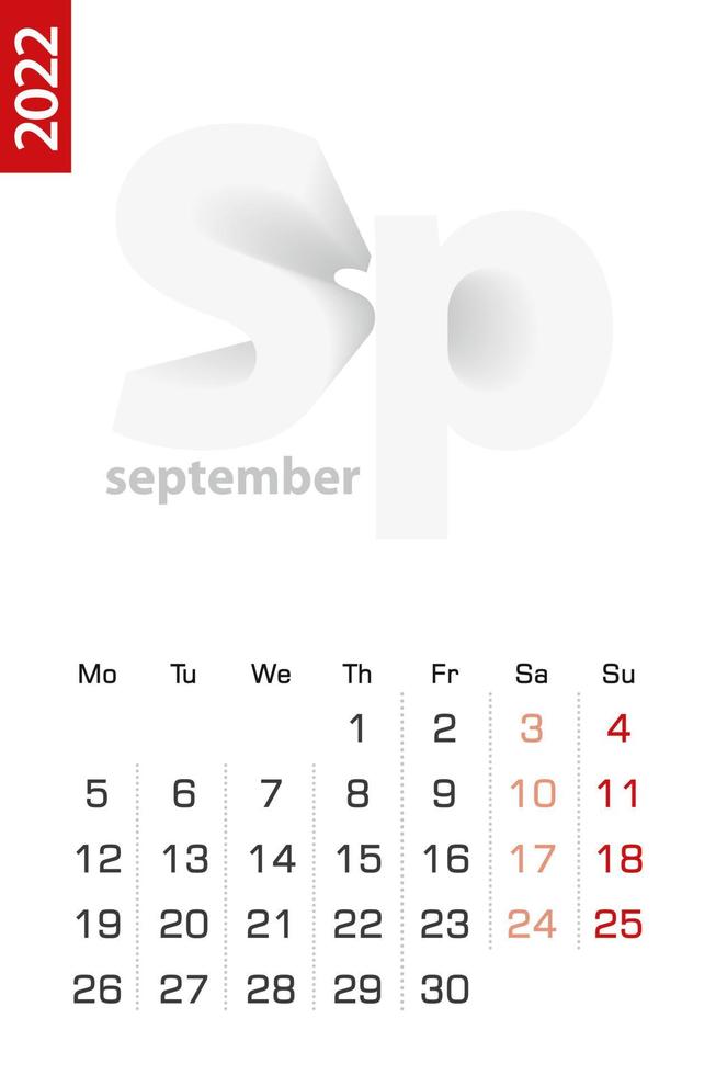 minimalistisk kalendermall för september 2022, vektorkalender på engelska. vektor