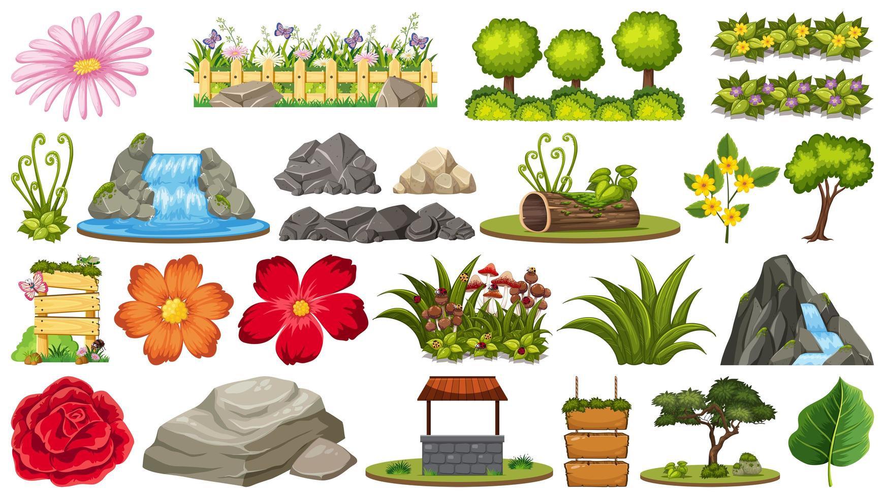 Set von Felsen und verschiedenen Pflanzen vektor