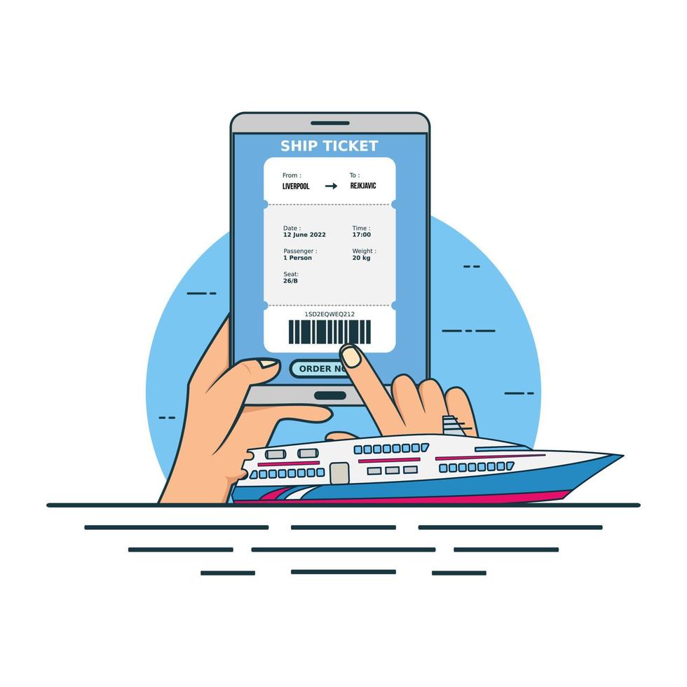 illustration för köp online fartygsbiljett med smartphone koncept. design vektor med platt stil