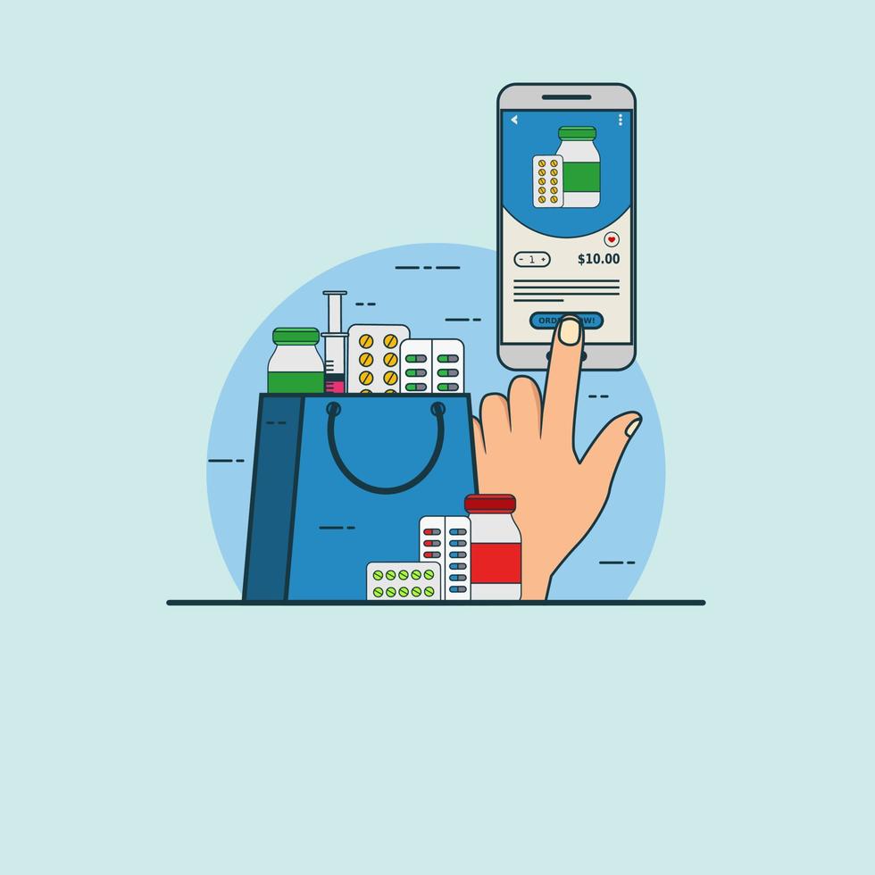 illustration für den kauf von online-medizin oder apotheke mit smartphone-konzept. Designvektor mit flachem Stil vektor