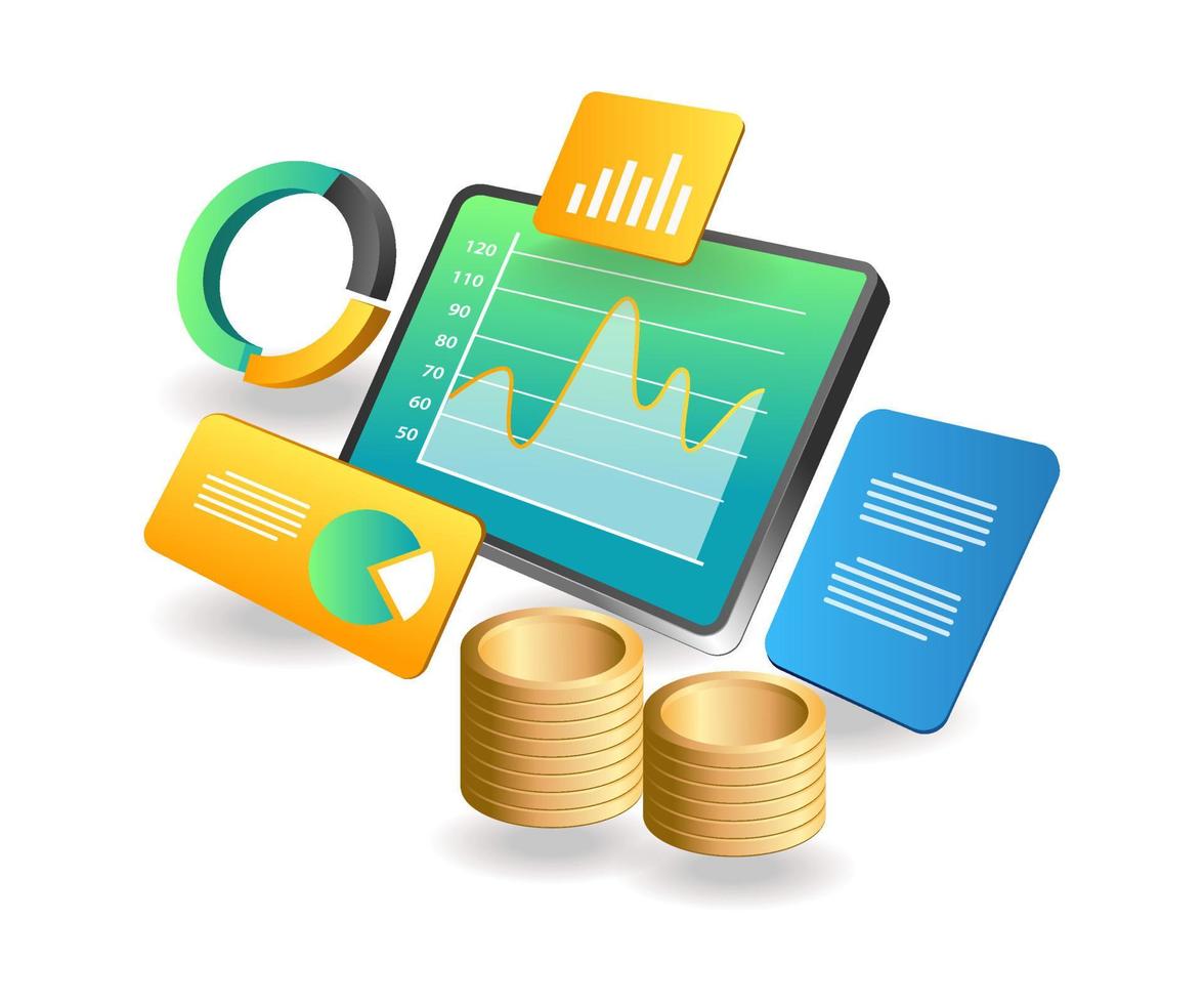 flaches isometrisches illustrationszielseitenkonzept. Analyse der monatlichen Einkommensdaten vektor