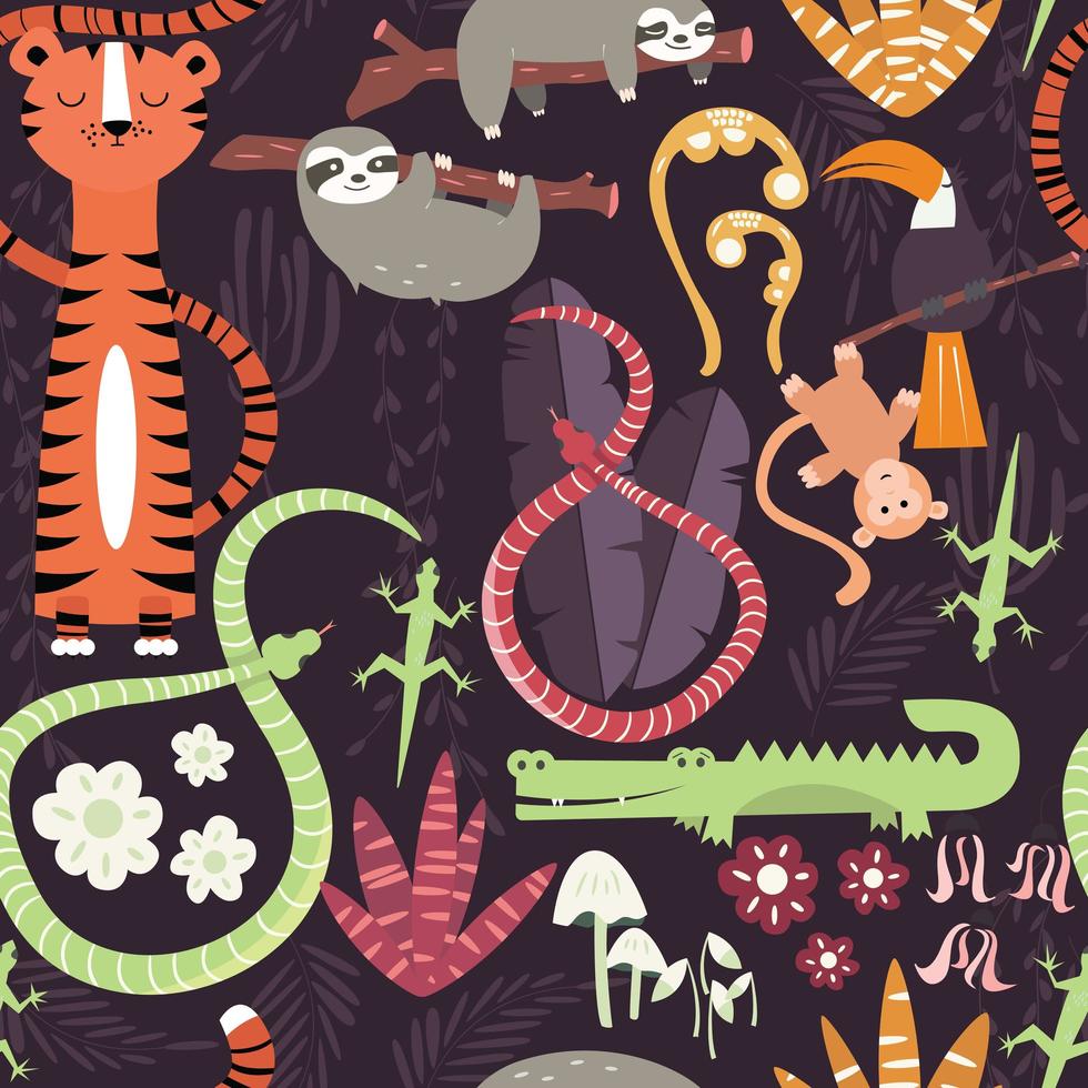 Nahtloses Muster mit netten Regenwaldtieren, Tiger, Schlange, Trägheit vektor