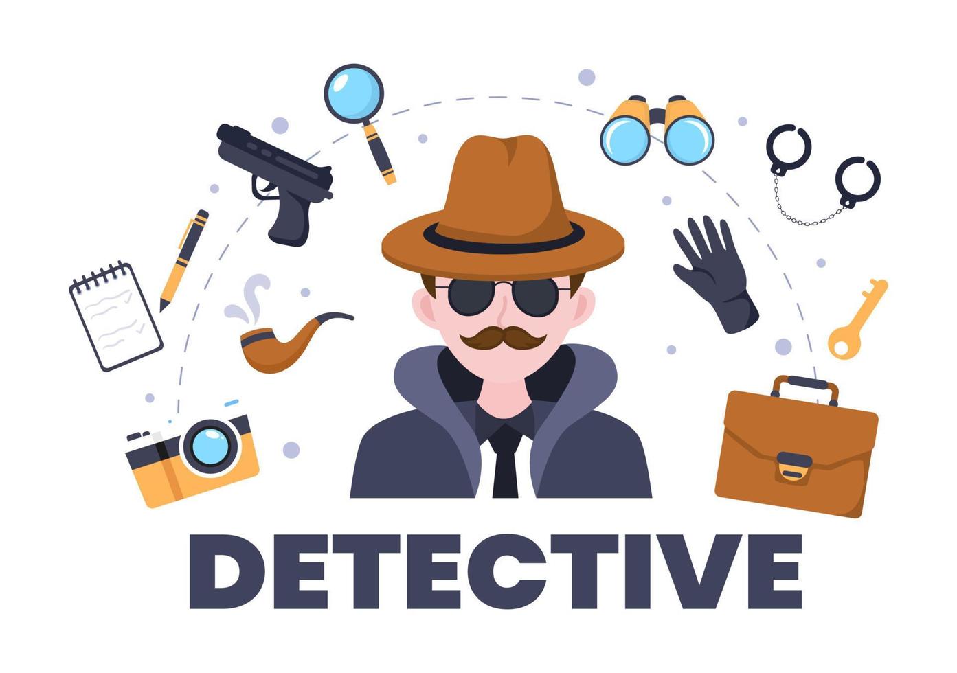 Privatdetektiv oder Detektiv, der Informationen sammelt, um Verbrechen mit Ausrüstung wie Lupe, Handschellen und anderen in Cartoon-Hintergrundillustration aufzuklären vektor