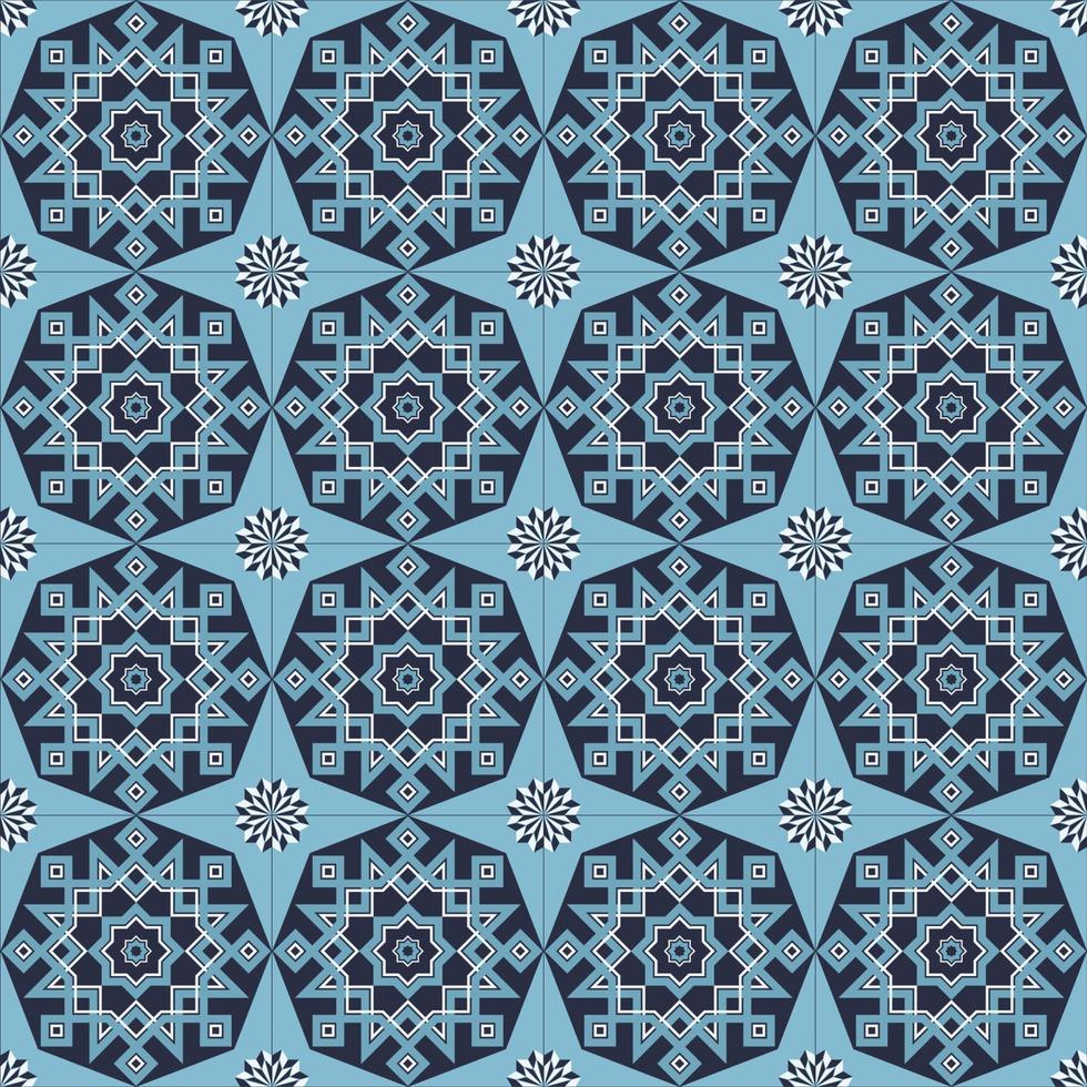 islamischer geometrischer stern und blumenform nahtloses muster blauer farbhintergrund. Batik-Sarong-Muster. Verwendung für Stoffe, Textilien, Innendekorationselemente, Verpackungen. vektor