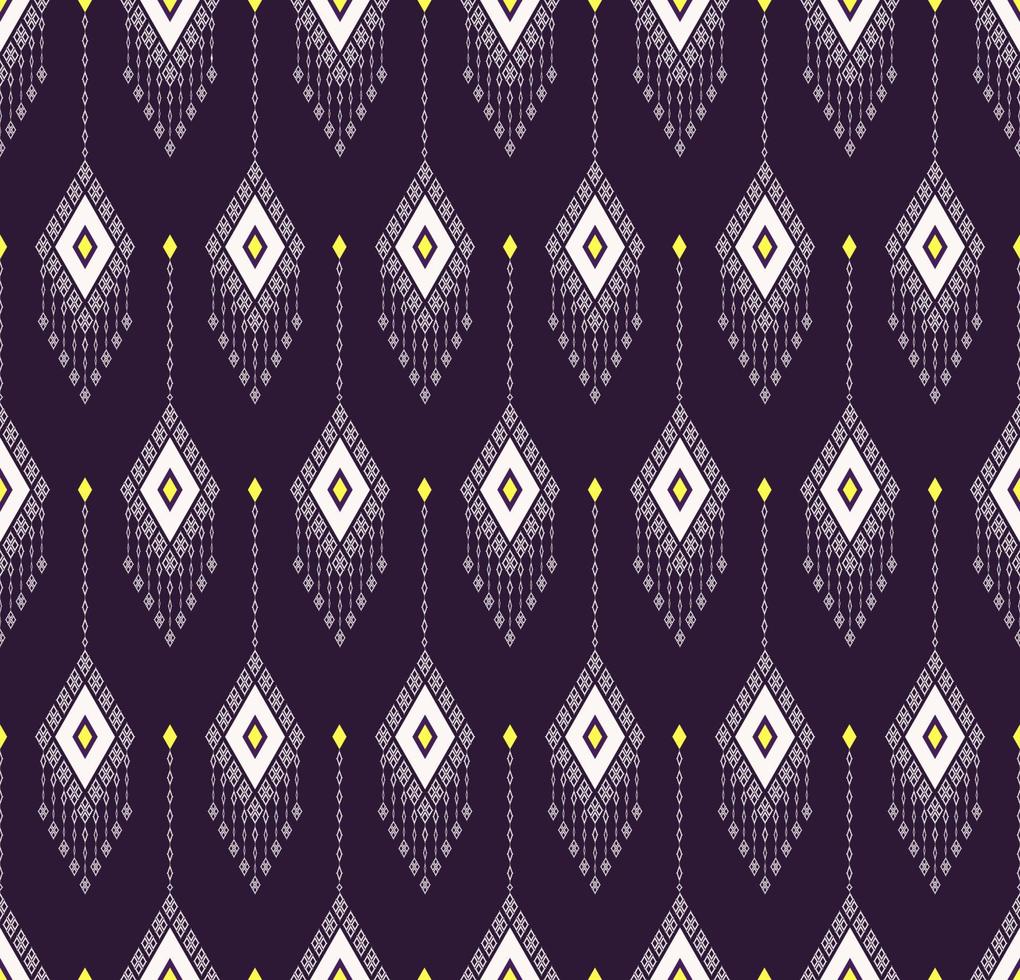 ikat etnisk ljuskrona eller rhombus geometrisk form sömlösa mönster lila gul färg bakgrund. använd för tyg, textil, inredningselement, inslagning. vektor