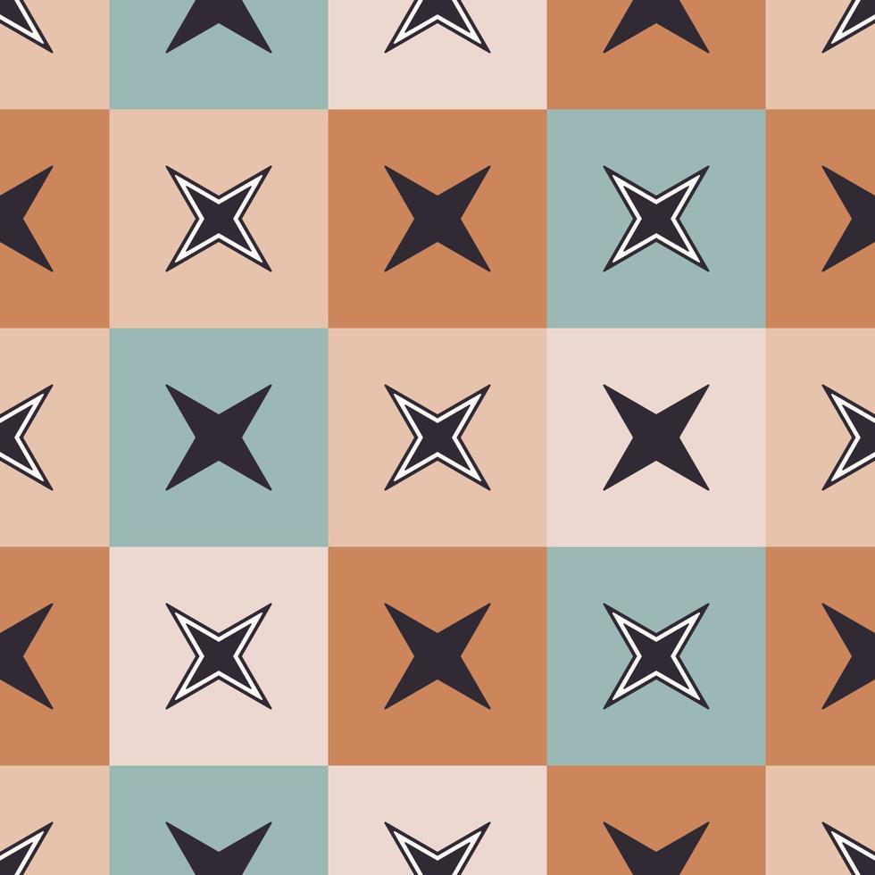 geometrischer 4-Punkt-Stern auf zufälligem Farbquadrat kariertem Gitter nahtlosem Musterhintergrund. erdfarbenes Design. Verwendung für Stoffe, Textilien, Innendekorationselemente, Polster, Verpackungen. vektor