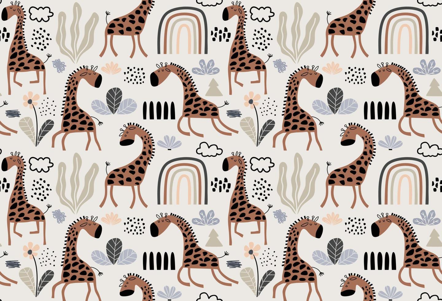 handgezeichnetes farbiges kindisches nahtloses wiederholendes einfaches muster mit niedlichen giraffen vektor