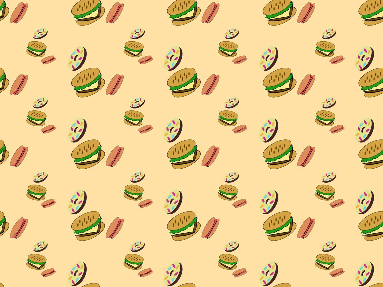 nahtlose musterzeichentrickfiguren donuts hamburger und hotdogs auf orange hintergrund. vektor