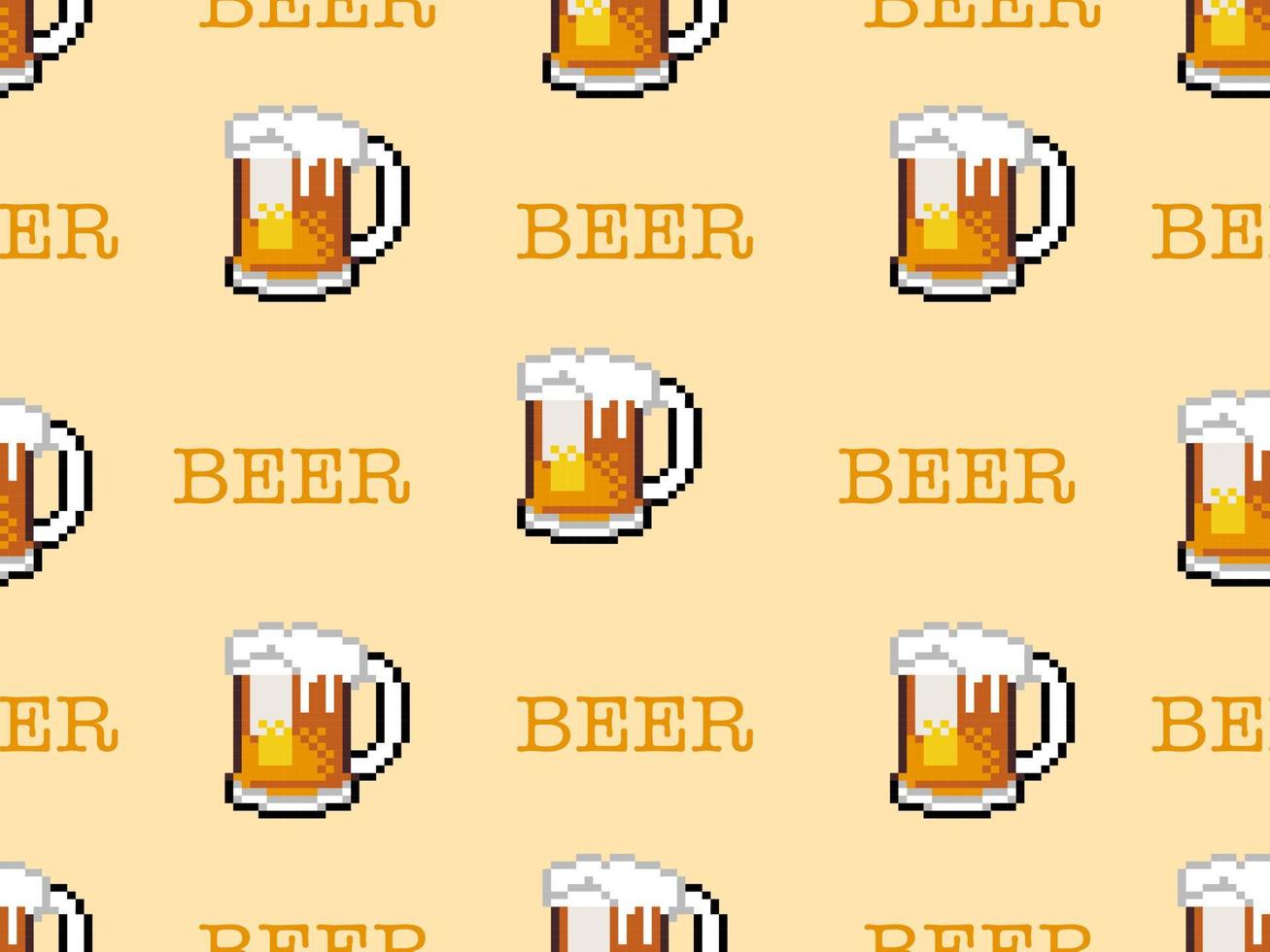 nahtloses muster der bierzeichentrickfigur auf gelbem hintergrund. pixelart vektor