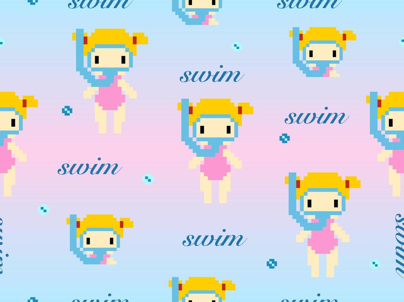 dykare seriefigur seamless mönster på blå och rosa background.pixel stil vektor