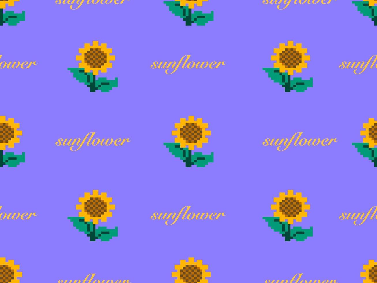 nahtloses muster der sonnenblumenzeichentrickfigur auf purpurrotem hintergrund. pixelart vektor