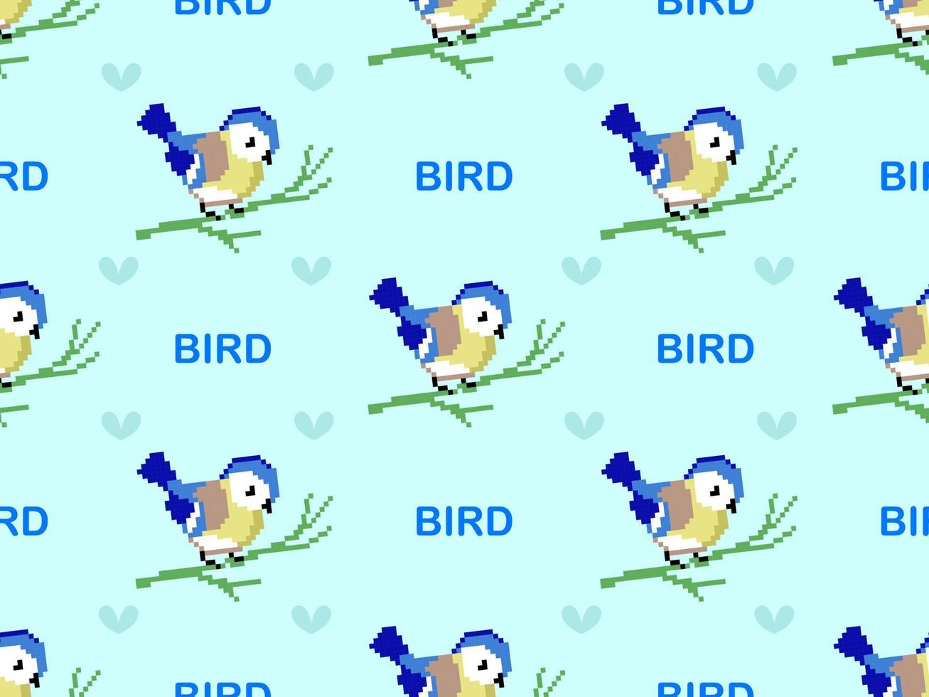 fågel seriefigur seamless mönster på blå bakgrund. pixel stil vektor