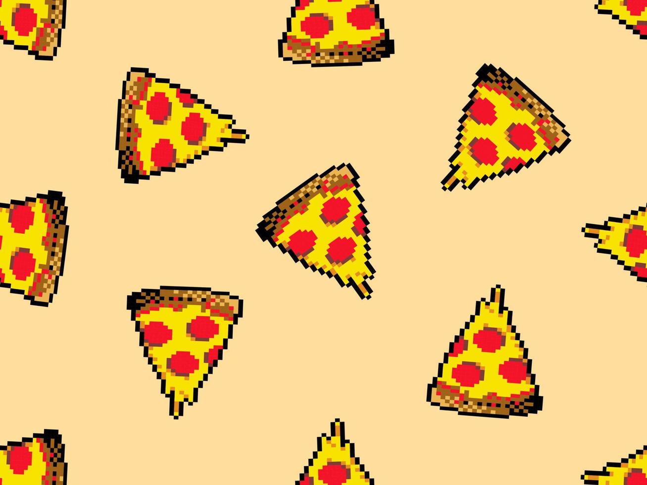 nahtloses muster der pizzazeichentrickfigur auf orangefarbenem hintergrund. pixelart vektor