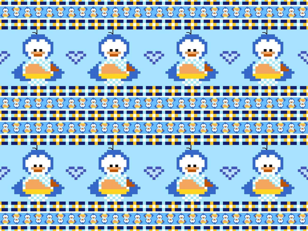 nahtloses muster der pinguinzeichentrickfilm-figur auf blauem hintergrund. pixelart vektor