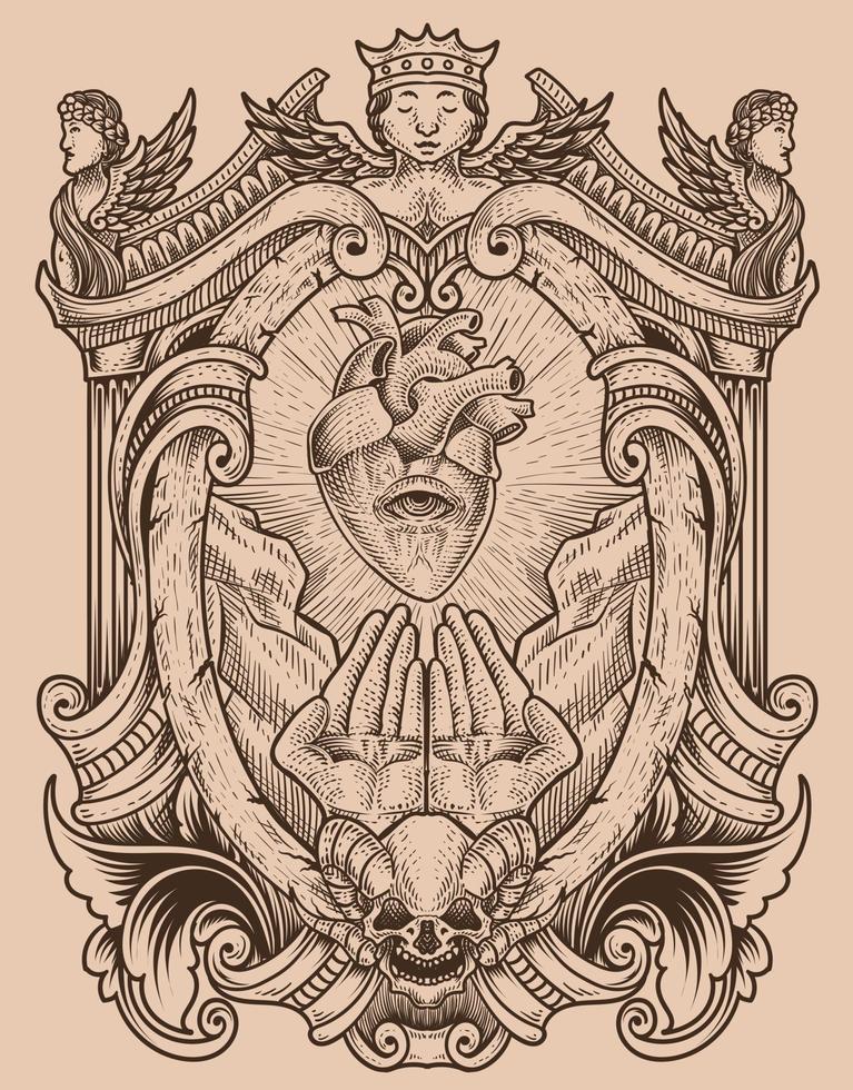 illustration antikt hjärta med be handgravyr stil vektor