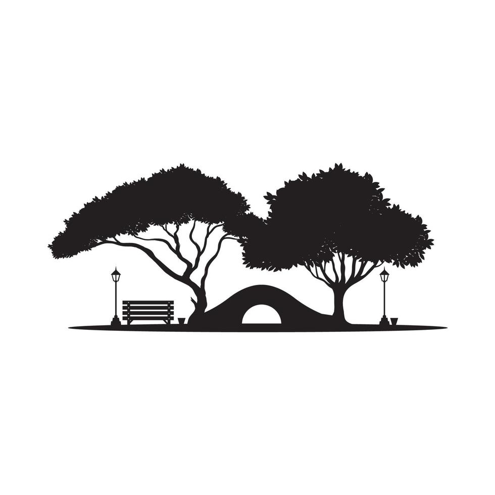 park mit brücke und bäumen silhouette logo design vektor symbol illustration