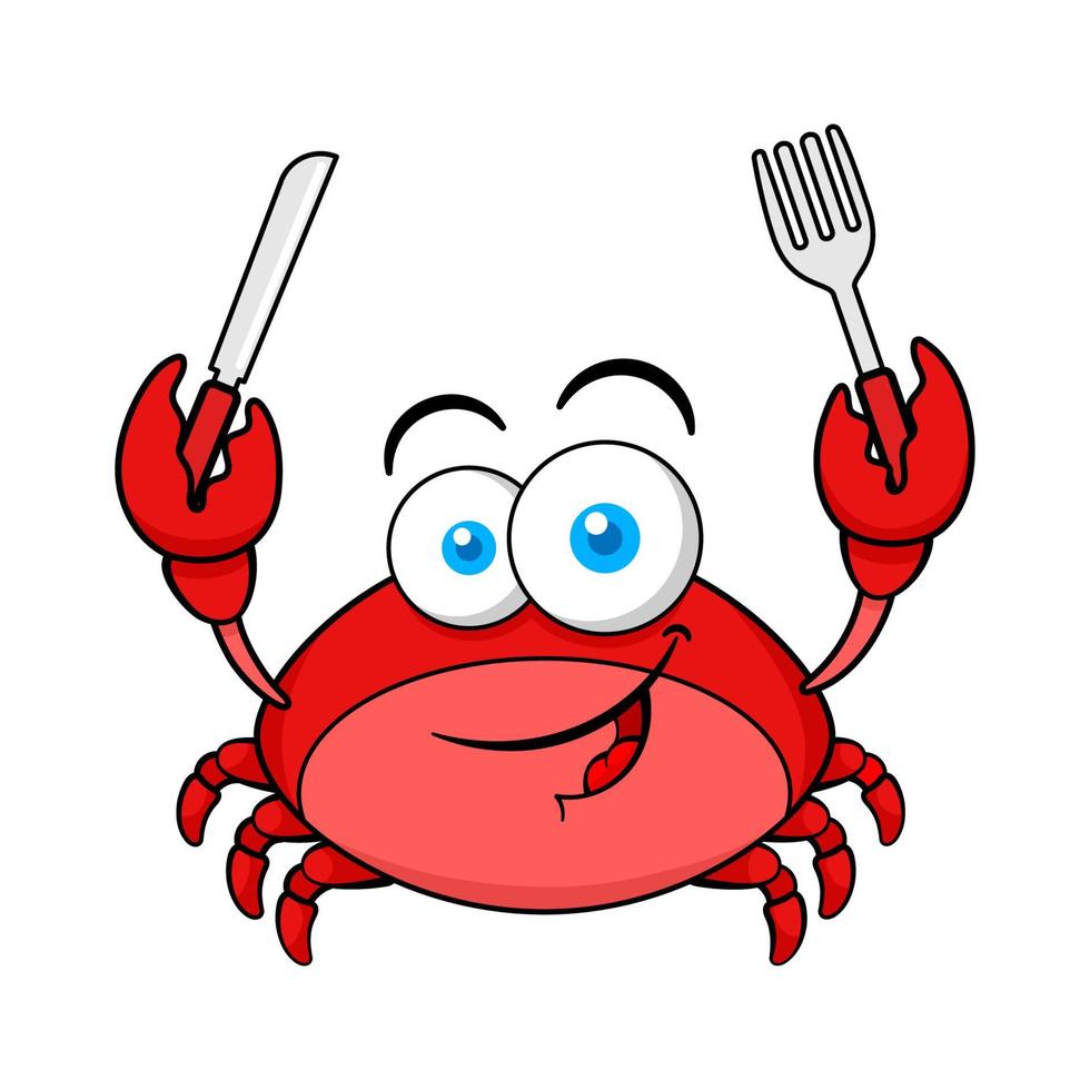 lustige rote krabbenzeichentrickfigur, die gabel und messer hält vektor