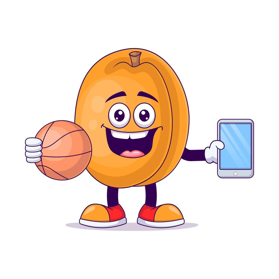 pfirsich, der basketball-karikatur-maskottchencharakter spielt vektor