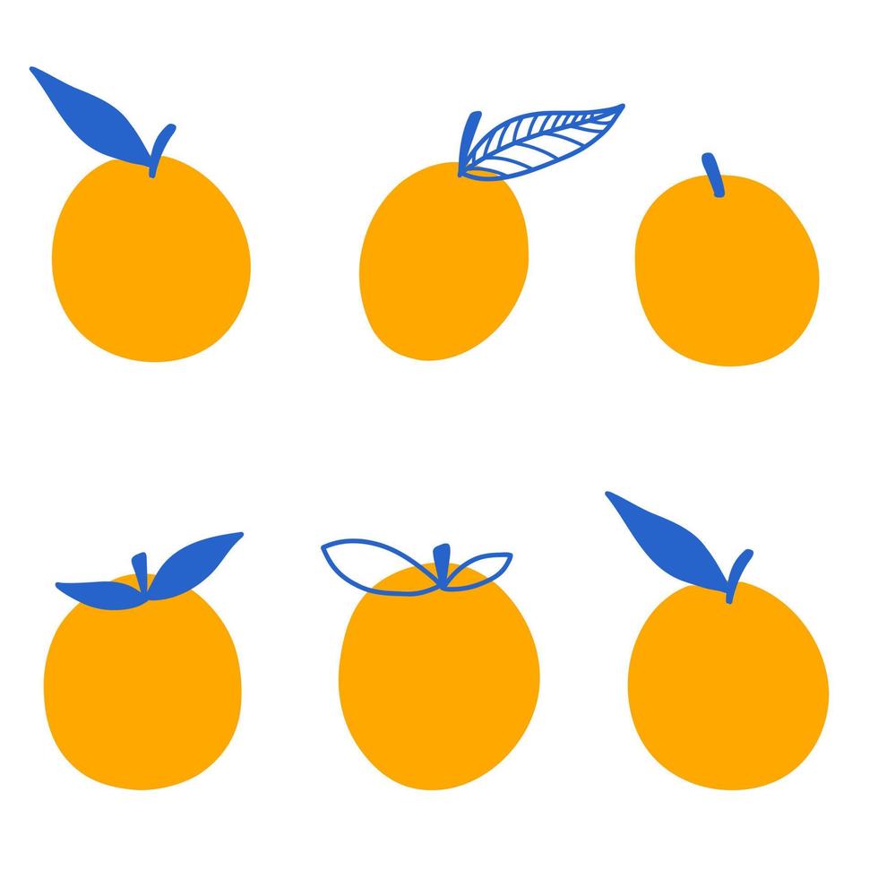 uppsättning av orange frukter med blad i tecknad platt stil. vektor doodle illustration.
