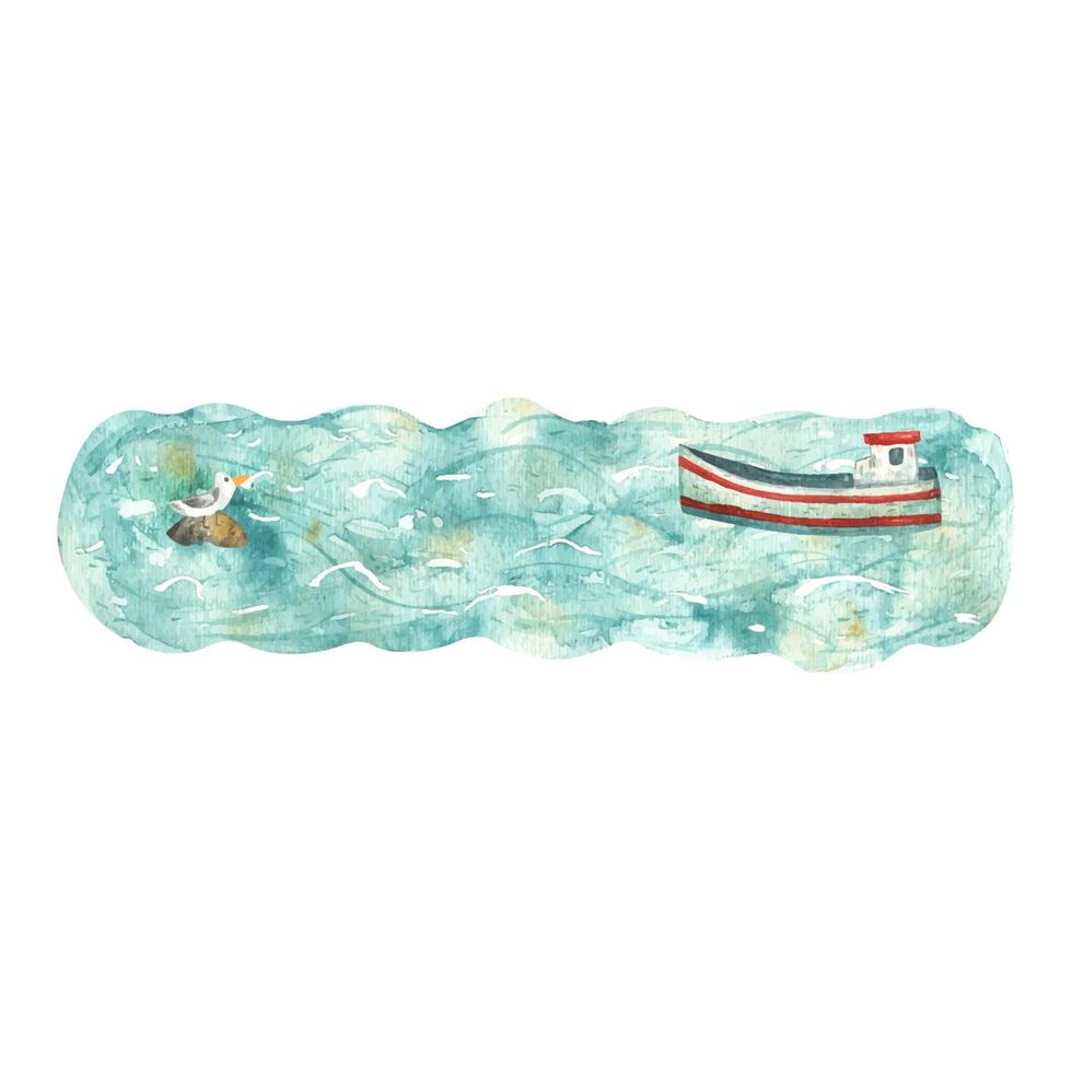 handritad akvarellillustration av hav, båt och mås i tecknad stil isolerad på vit bakgrund. hav vatten textur, abstrakt blå penseldrag vektor