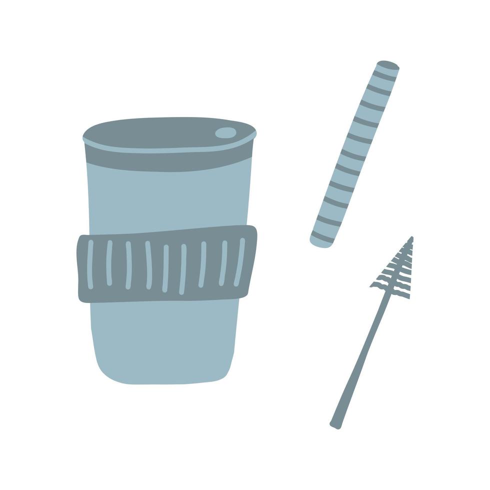 tumbler cup med sugrör och borste i tecknad platt stil. vektor illustration av noll avfall återanvändbara koppar och termomugg för kaffe, te och andra drycker.