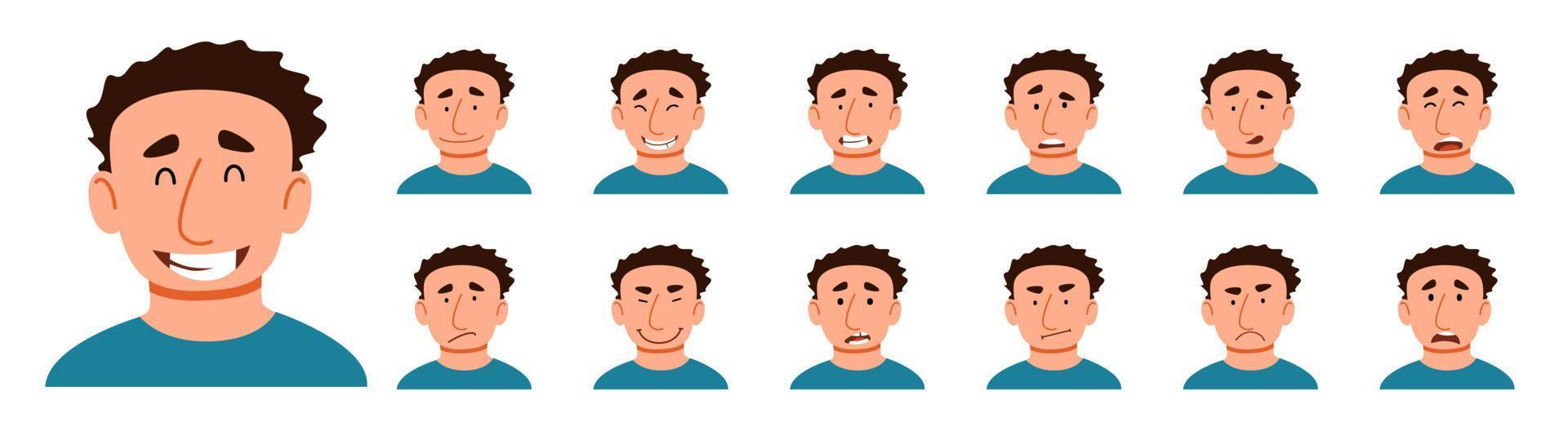 en uppsättning olika känslor hos en kaukasisk man. en stilig man med olika ansiktsuttryck. vektor illustration i tecknad stil