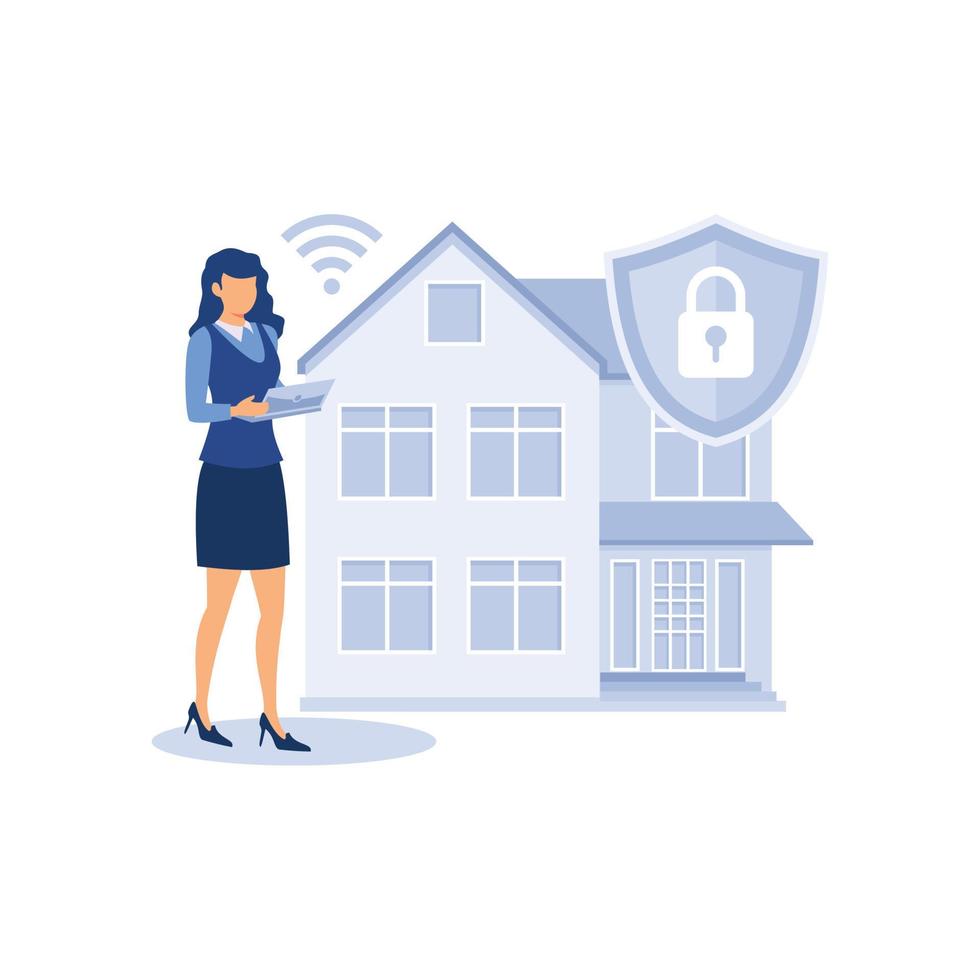 flache Illustration des modernen Designs der Sicherheitssysteme. Sicherheitssystem von Smart Home. 3D-Röntgenbild des Hausplans. vektor