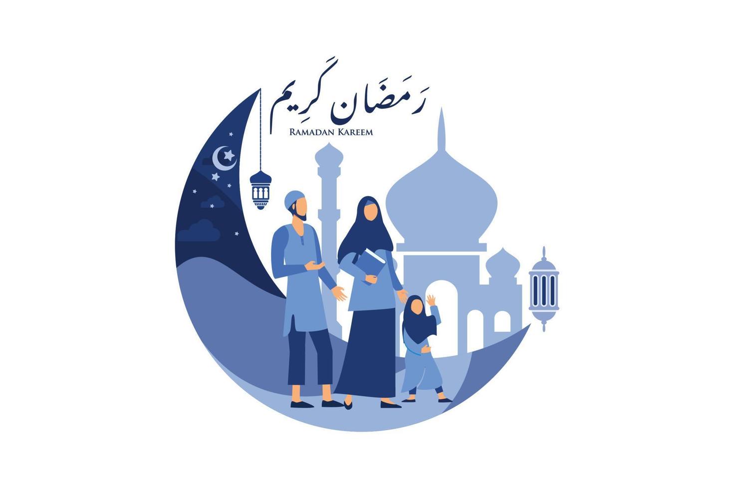ramadan-hintergrund mit vater, mutter und sohn gehen zur moschee, um nachts zu beten vektor