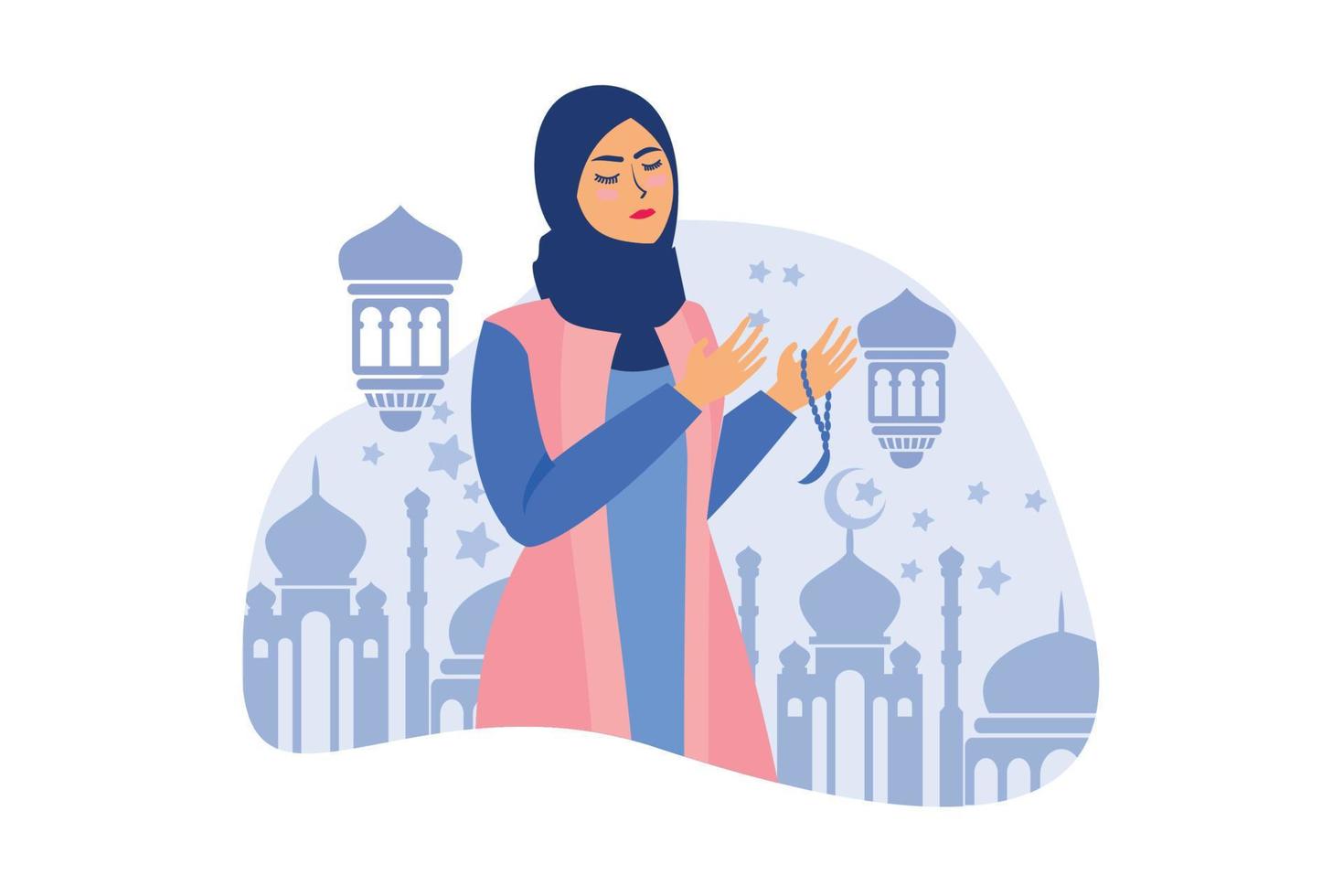 muslimische Frau betet, während sie Rosenkranzperlen hält. ramadan kareem flache zeichentrickfigurillustration vektor
