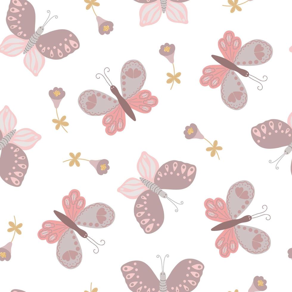 fin liten rosa fjäril, sömlöst blommönster, enkel platt vektorillustration, symbol för påskhelgen, vår, dekoration för sommarfirande, prydnadstextil, vårdekoration, söt insekt vektor