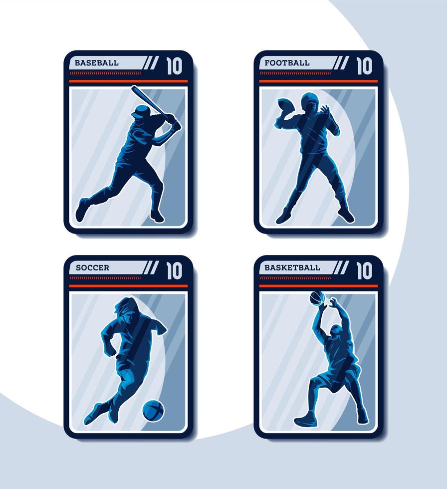 uppsättning av fyra sportkort. baseboll, fotboll, fotboll och basket. vektor
