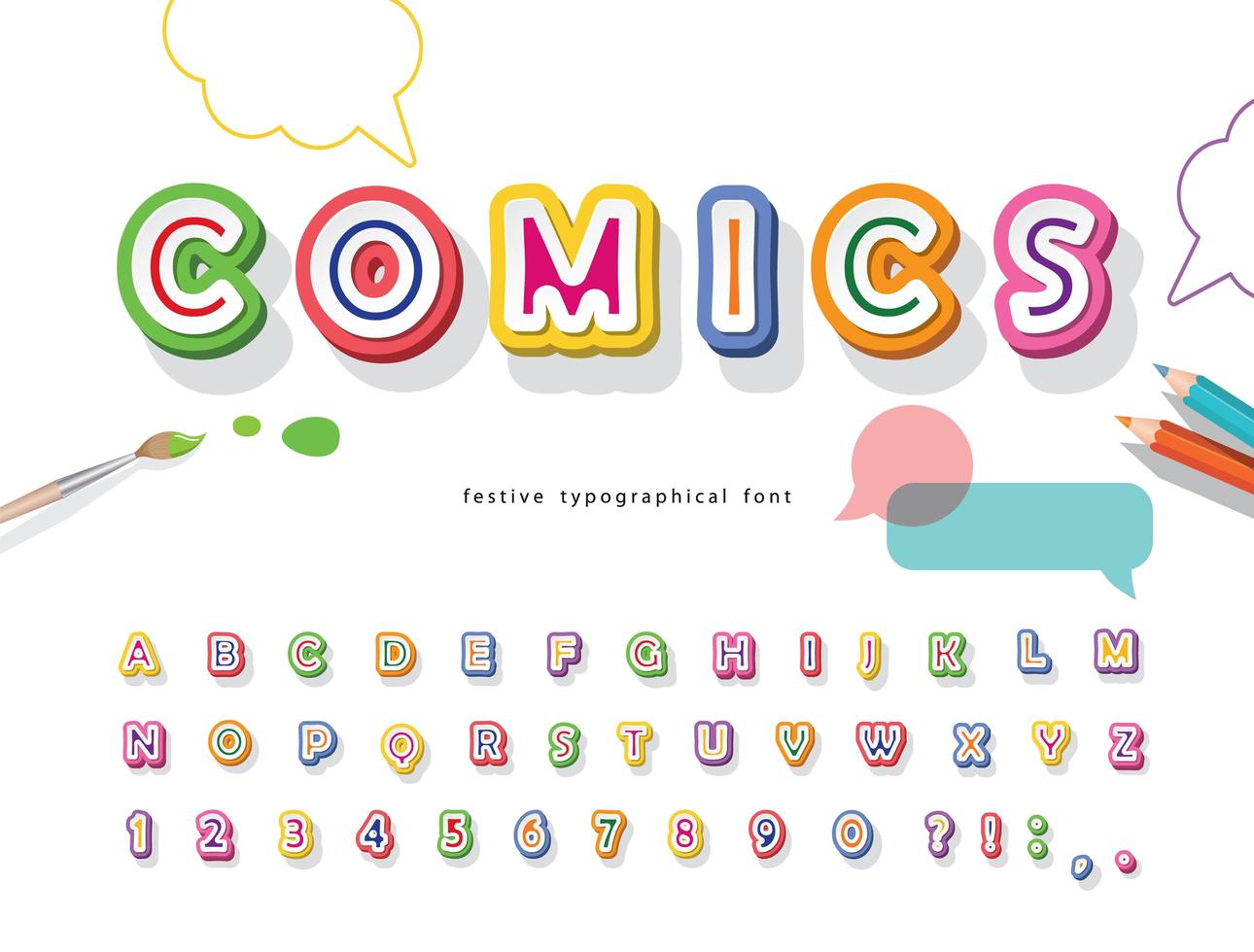 Comics 3d Schriftart. Karikaturpapier schnitt ABC-Buchstaben und -zahlen heraus. vektor