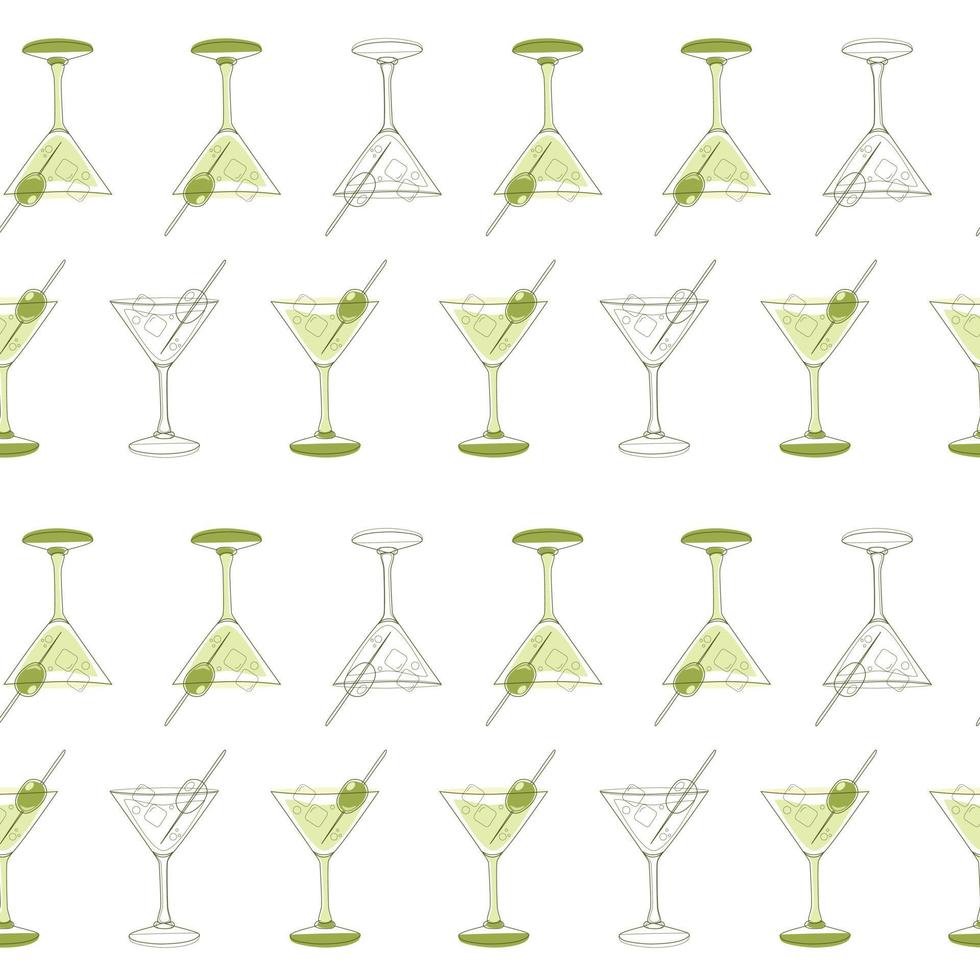 Nahtloses Muster aus Martini-Gläsern und Oliven in einem linearen Stil vektor