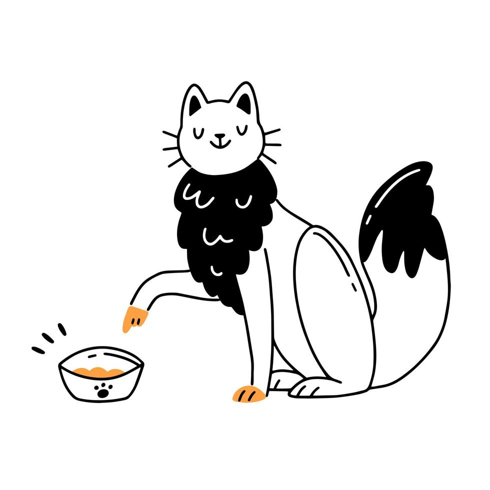 rolig katt pekar på en skål med mat. huskatten ber om mat. doodle stil vektorillustration isolerad på bakgrunden. vektor