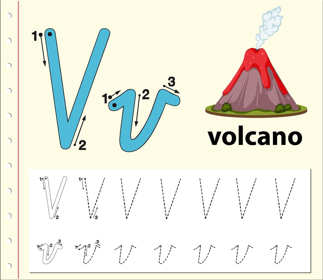 Arbeitsblätter für Buchstaben-V-Tracing-Alphabete vektor