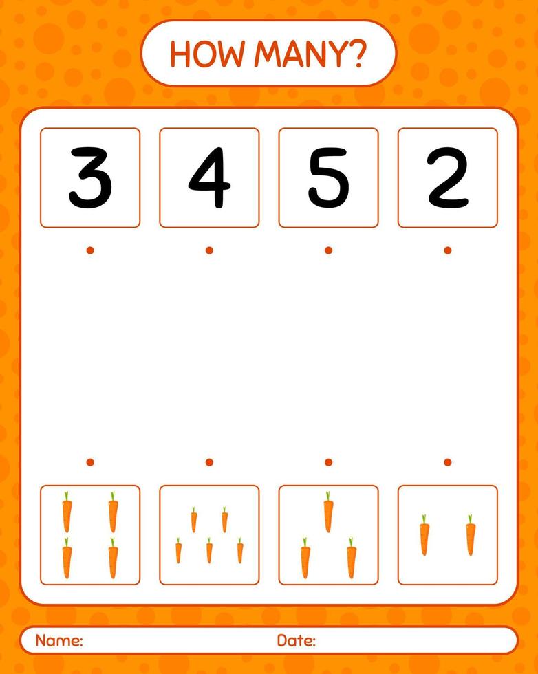 hur många räknar spel med morot. kalkylblad för förskolebarn, aktivitetsblad för barn, utskrivbart kalkylblad vektor