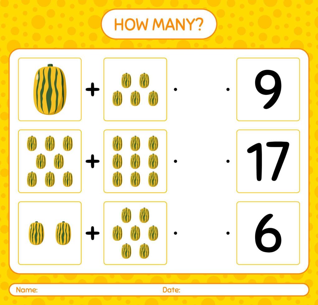 Wie viele Zählspiele mit Delicata-Kürbis. arbeitsblatt für vorschulkinder, kinderaktivitätsblatt, druckbares arbeitsblatt vektor