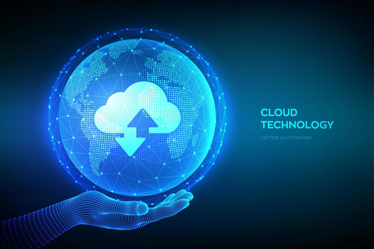 Abstraktes Konzept der Cloud-Datentechnologie. Cloud-Speichersymbol mit zwei Pfeilen nach oben und unten auf dem Hintergrund der Weltkarte. Cloud-Computing-Dienst. Erdkugel in Wireframe-Hand. Vektor-Illustration. vektor