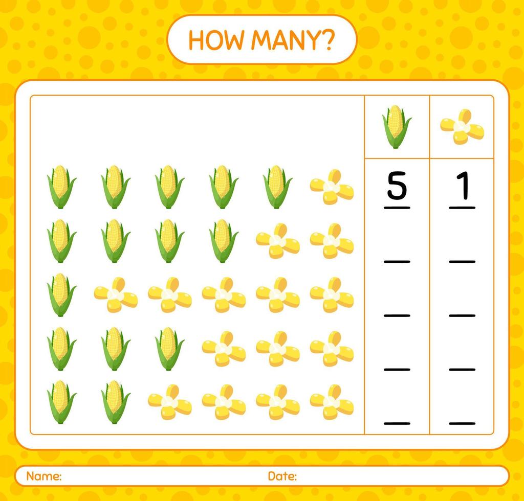hur många räknar spel med majs. kalkylblad för förskolebarn, aktivitetsblad för barn, utskrivbart kalkylblad vektor