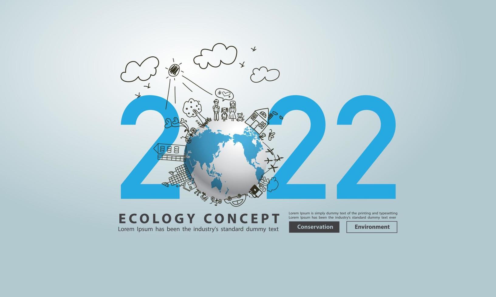 erdkugel frohes neues jahr 2022 kreative zeichnung umwelt umweltfreundlich, ökologie ideen konzept, vektor illustration layout vorlage design