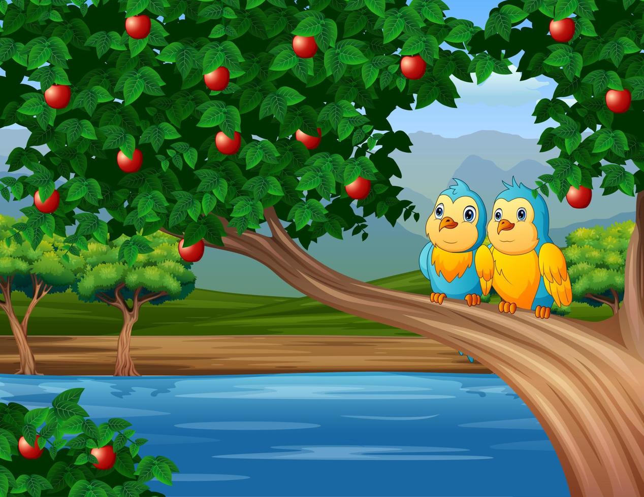 bakgrundsscen med fåglar på äppelträdet vektor