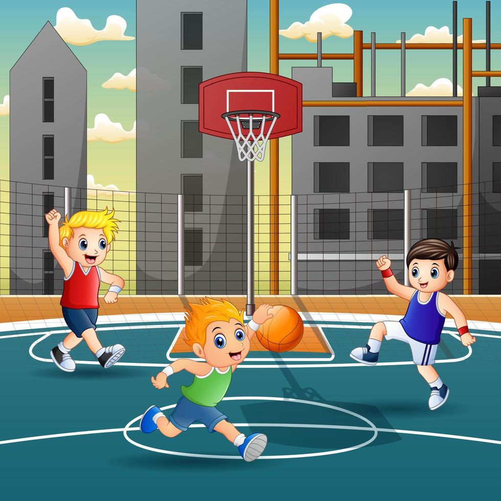 tecknade barn som spelar basket på banan vektor