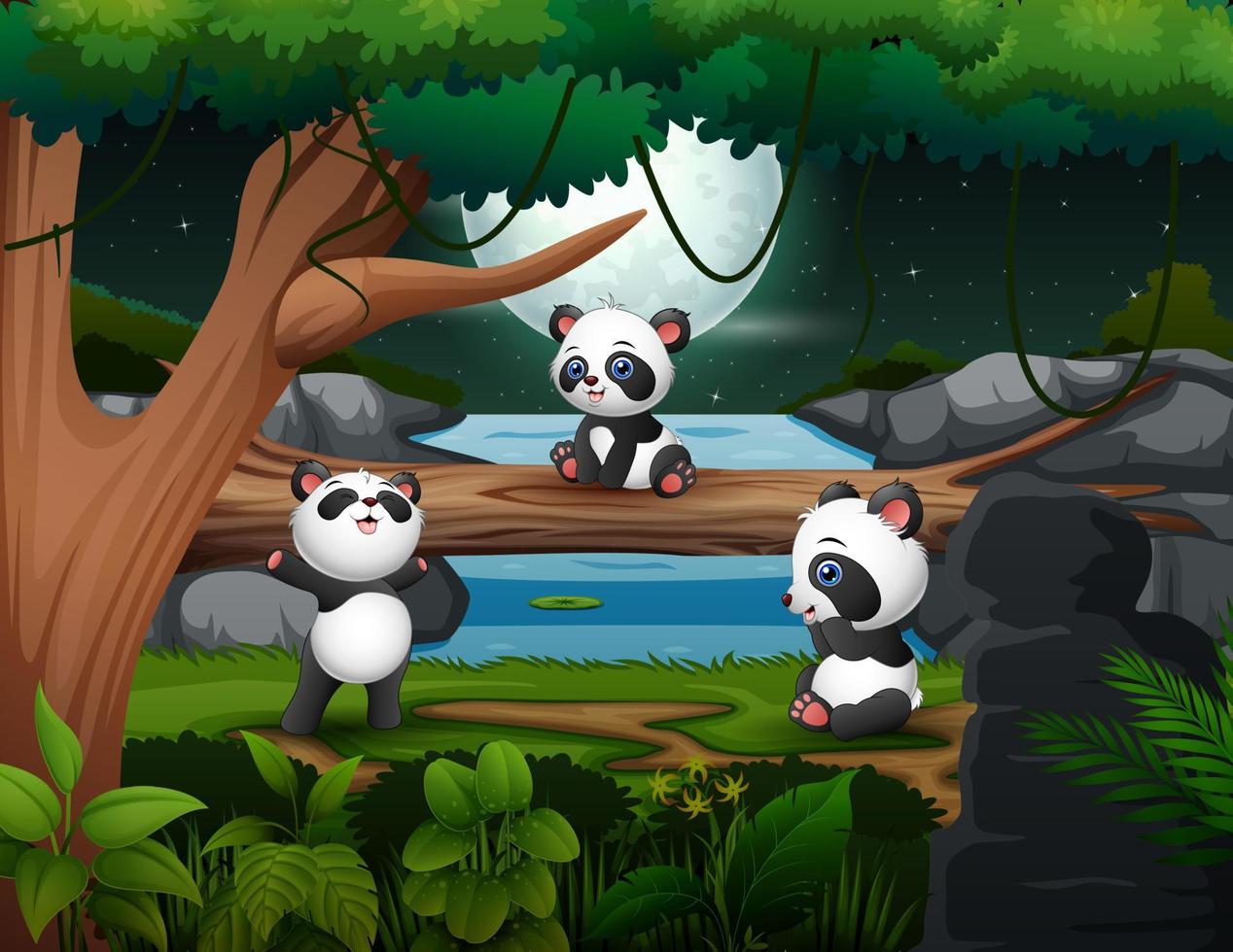 drei niedliche pandas, die nachts illustration spielen vektor