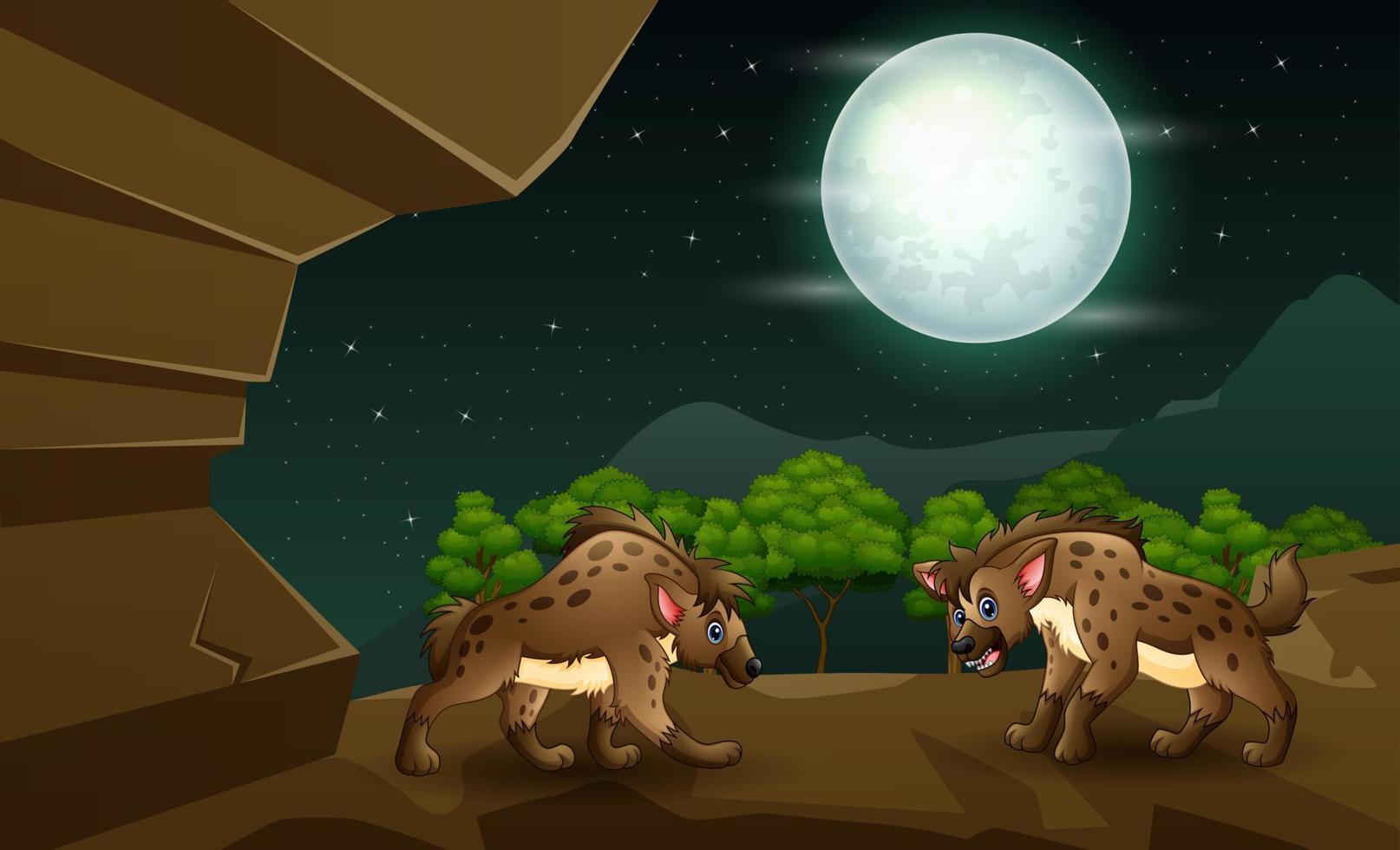 nachtlandschaft mit hyäne in der höhlenillustration vektor
