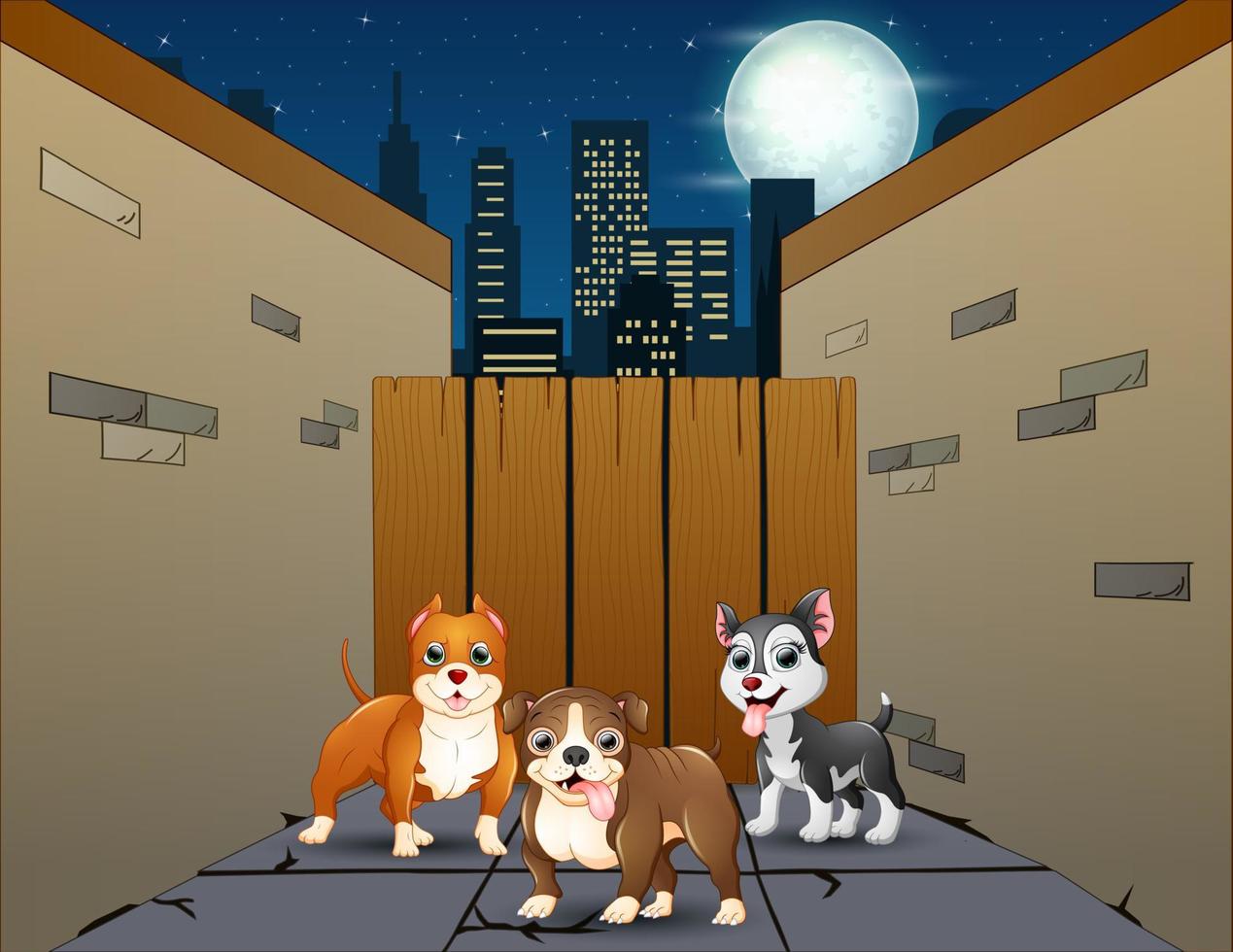 karikatur drei hunde in einer kleinen straßengasse nachts vektor