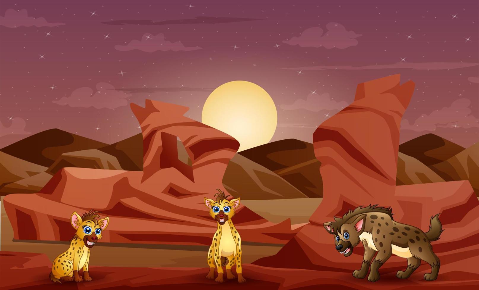 Cartoon von drei Hyänen in der Wüste bei Sonnenuntergang vektor