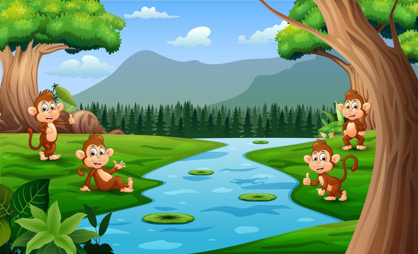 tecknad fyra söta apor som leker vid floden vektor